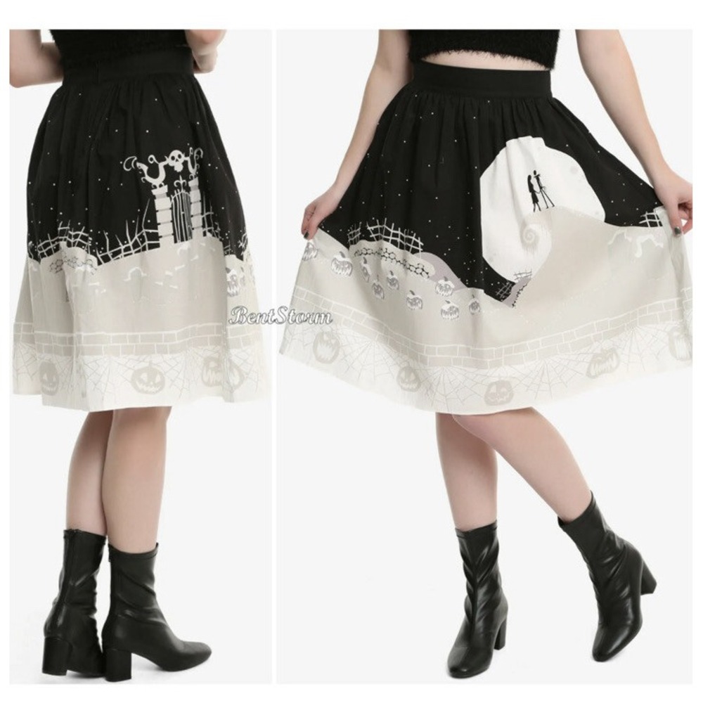 Disney Nightmare Before Christmas Jack Sally Moon Hill Skater Skirt Black Tan L